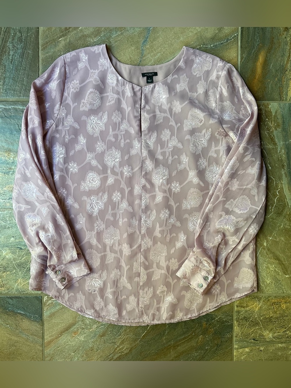 Ann Taylor Factory Lavender Floral Jacquard Long Sleeve Blouse Sheer Top Large L